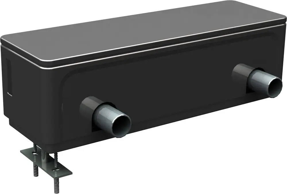 Schwarze hydraulische Weiche mit zwei Anschlussrohren. Montageschablone an der Unterseite. Geeignet für den Einsatz in Heizungs- und Warmwassersystemen, z.B. von Bosch.